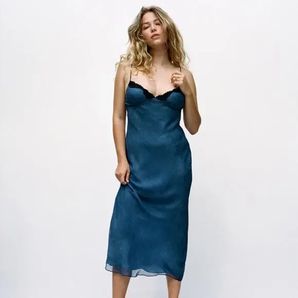 NWT Realisation Par Karlie Silk Lace Slip Bias Midi Dress Black Blue Denim NWT Realisation Par Karlie Silk Lace Slip Bias Midi Dress Black Blue Denim